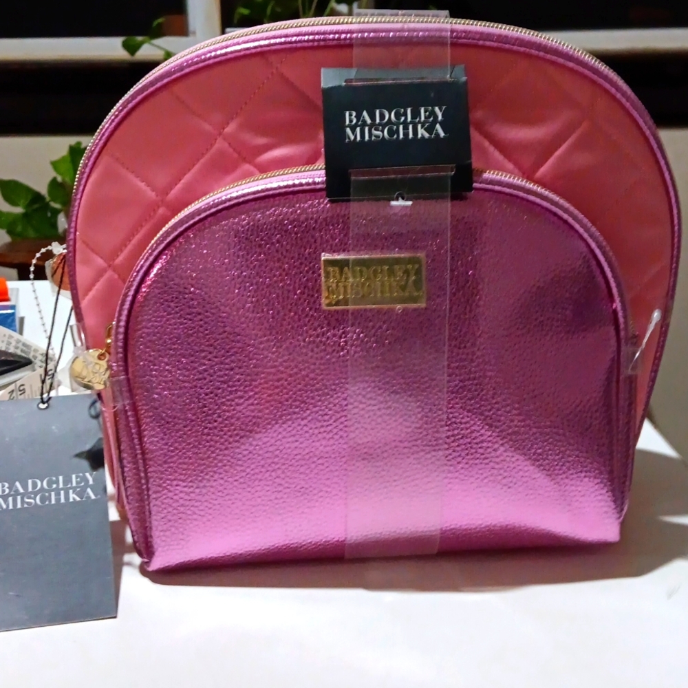 Badgley Mishka Cosmetic Bag Set Includes Travel Bottle Pink/Purple Lg & Med NWT